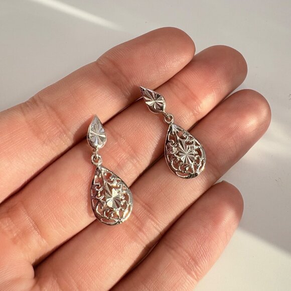VTG Sterling Silver 925 Filigree Scroll Design Dangle Earrings Size 1" Length - Picture 6 of 8